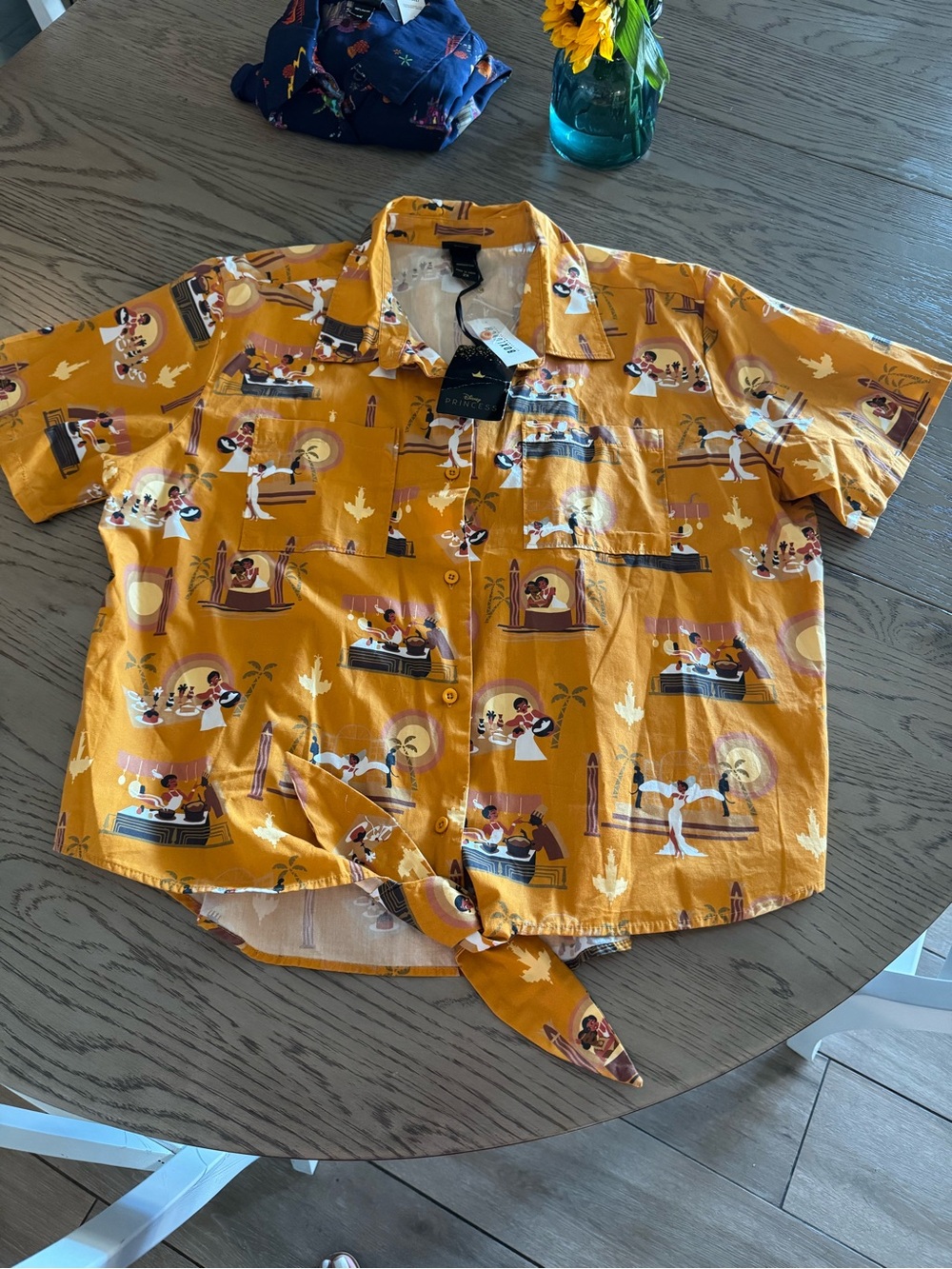 Tie-Front Crop Shirt - Mustard Yellow Printed Short Sleeve